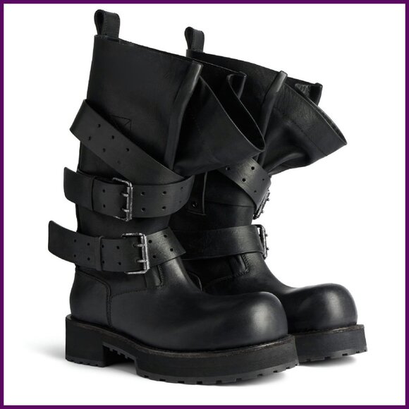 Knee High Wide Calf Slouch Boots Buckle Biker Moto Platform Chunky